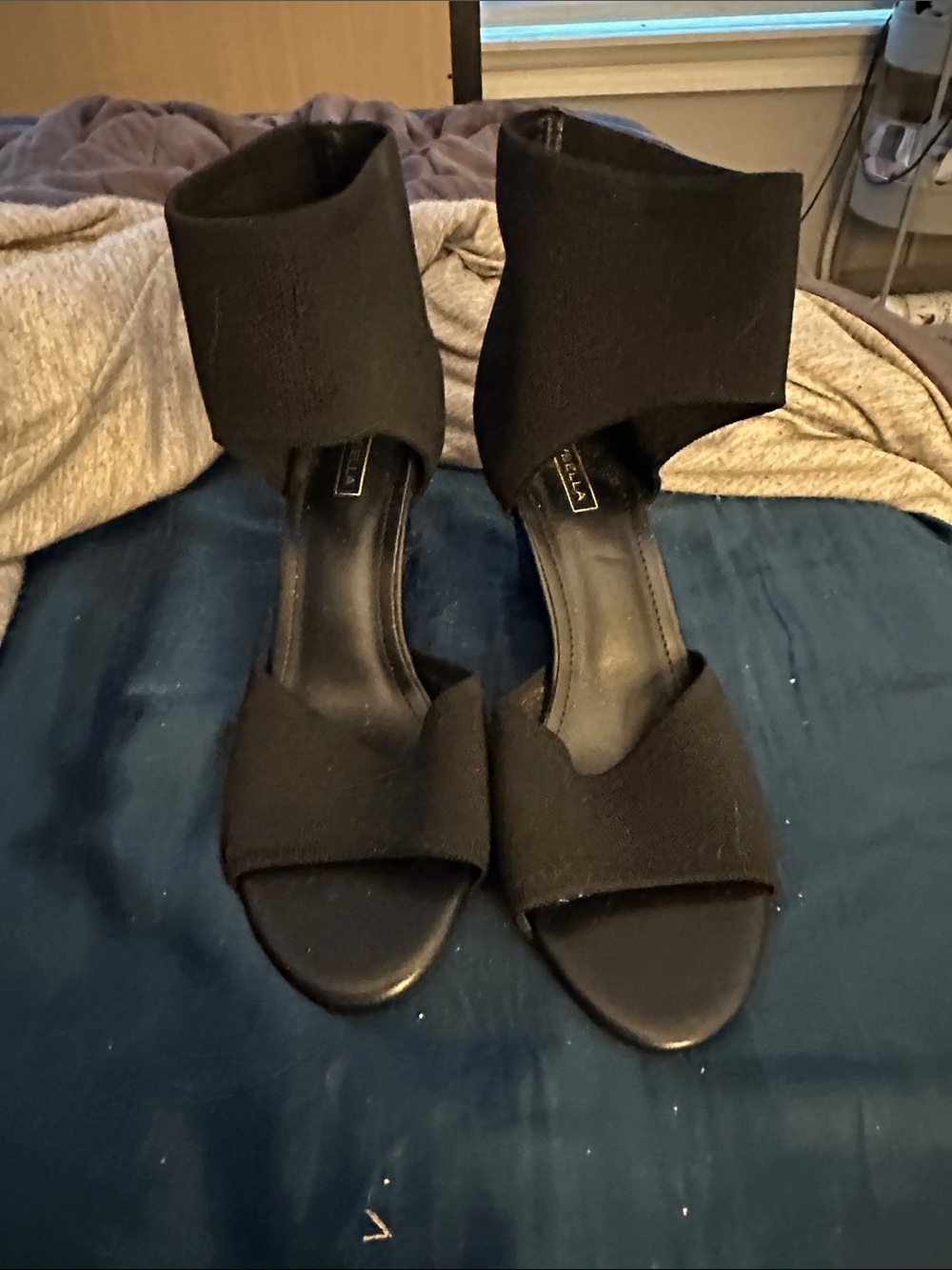 Black Ankle-Cuff Open-Toe Heels with Stretch Upper